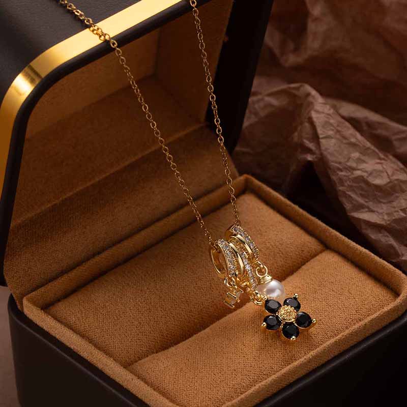 Stainless Steel Colorful Flower Zircon Pearl Pendant Necklace For Women Simple Elegant Korean Jewelry Wholesale