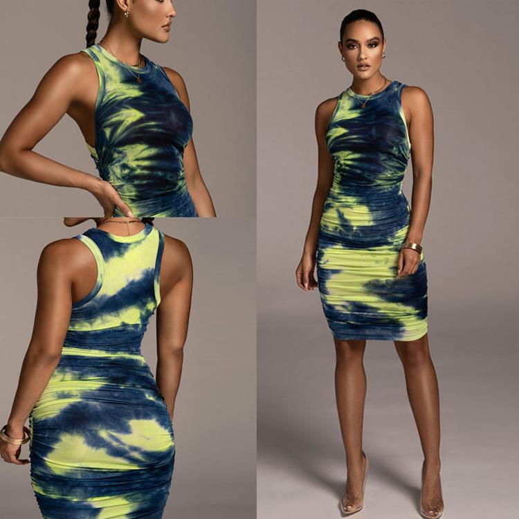 Damen Herbst Sommer Ärmellos Bedruckt Figurbetont Schlank Paket Hüfte Kleid Weibliche Kleidung Streetwear