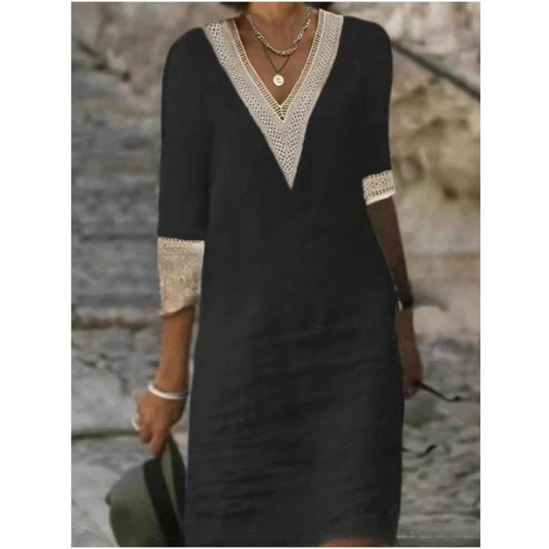 VEZFAA Kadın Modası Yaz İlkbahar 1/2 Kol V Yaka Bol Belli Günlük Elbiseler