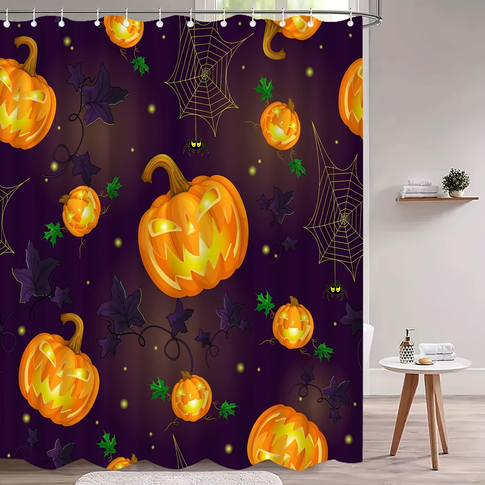 

Halloween Pumpkin & Spider Web Shower Curtain, Vibrant Orange Jack-O -Lanterns, Green Leaves & Spiders, All-Season Use W60H190(CM)-1 Pcs