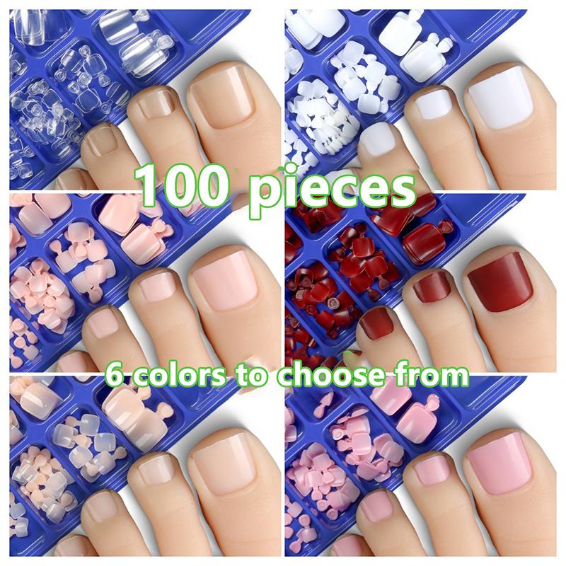 100 Stück künstliche Zehennägel, natürliche, einfarbige Druckknöpfe auf den Zehen, vollständige Abdeckung, quadratische Nägel, Kunsttipps, schnell tragbares Nagelmaniküre-Werkzeug