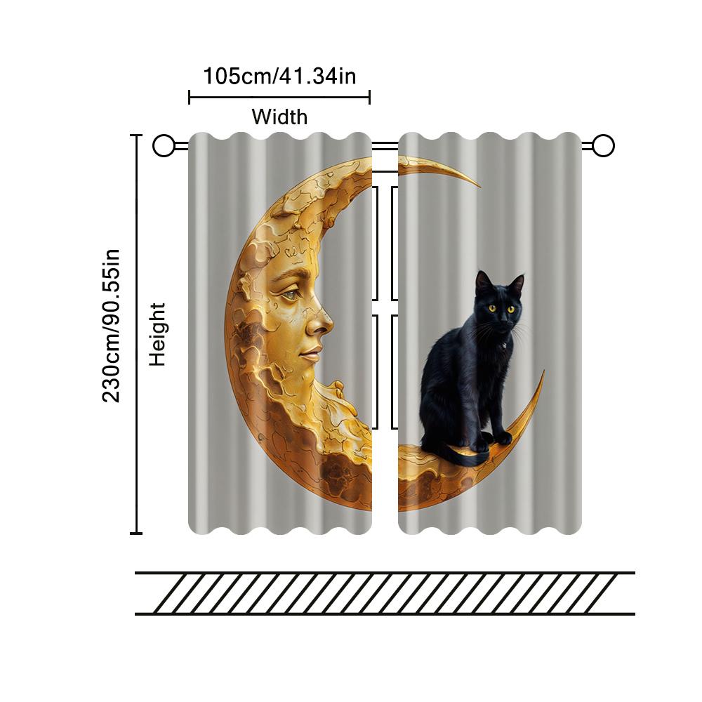2 Pcs   Filtering Curtains (excluding Rods   Non-movable   Without Batteries) Black Cat On Moon for Use In Bedrooms and Living