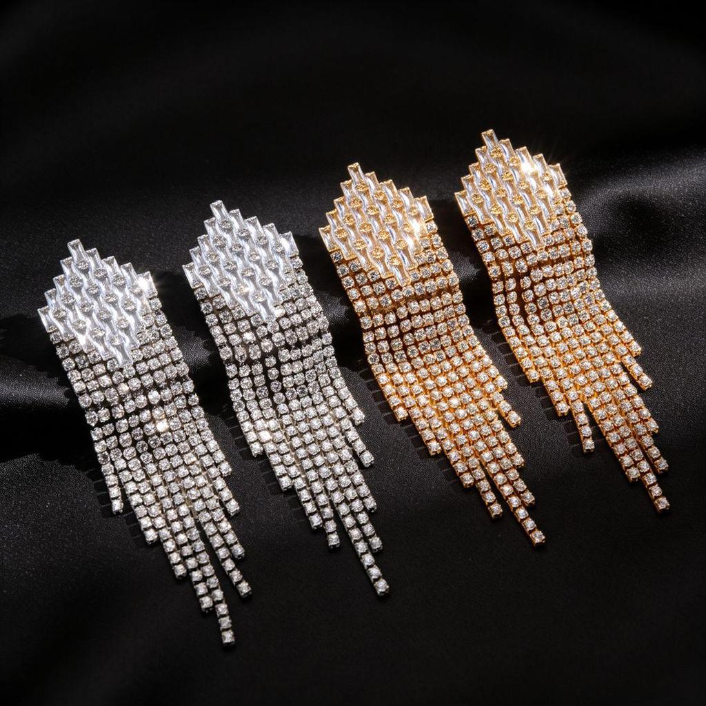 Silver Needle Zirconia Diamond Rhombus Tassel Earrings – Elegant and Fashionable Stud Earrings