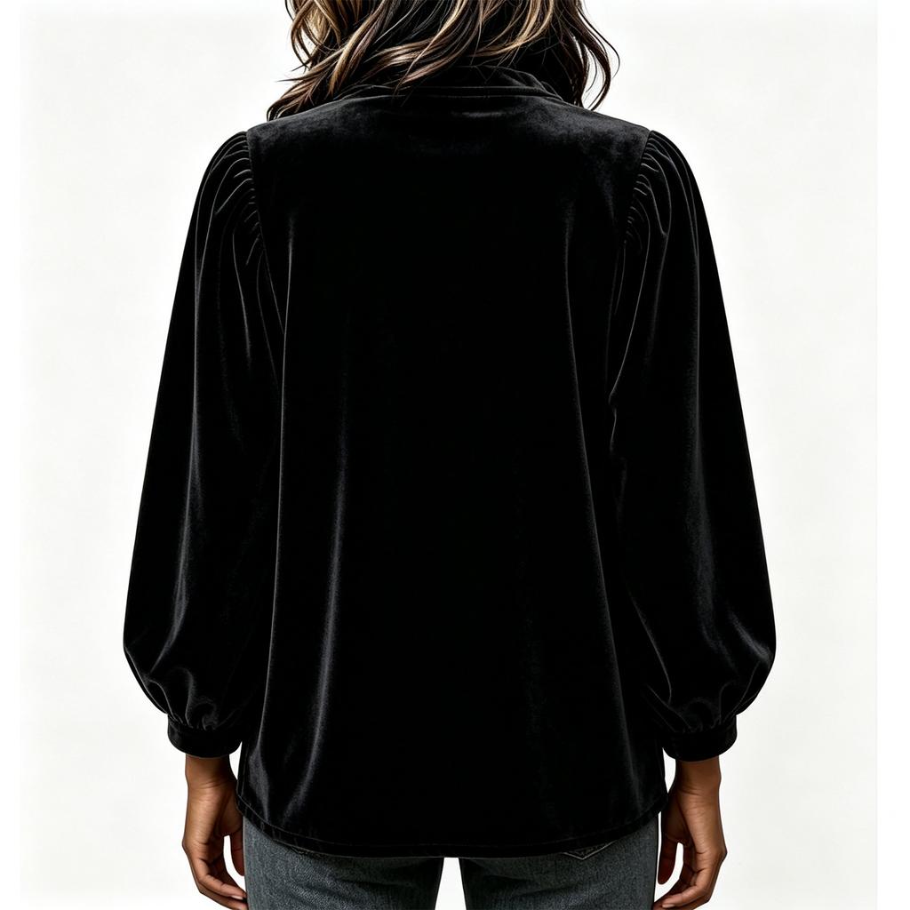 Women's Velvet Pullover Top with V-Neck and Ruffle