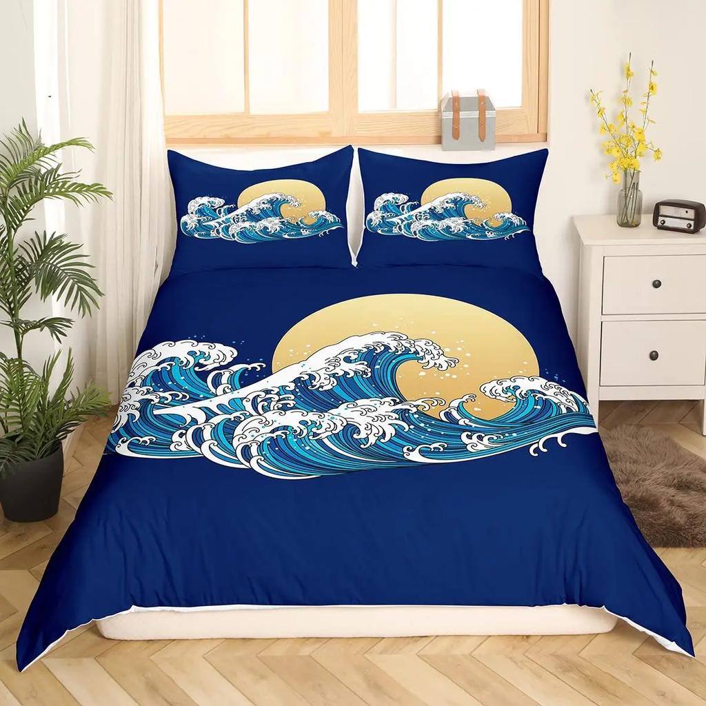 Ocean Wave King Queen Duvet Cover Red Sun Bedding Set Japanese Ukiyo-E Comforter Cover Exotic Navy Blue Polyester Quilt Cover