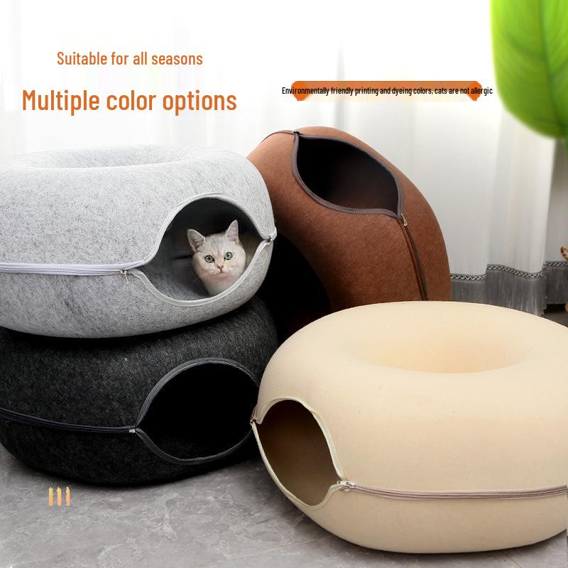 Detachable Felt Cat Bed: Semi-Enclosed Donut Tunnel for All Seasons