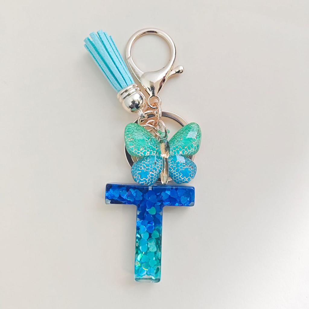 Blue Series 26 Epoxy Letter Keychain Holiday Love Fringe Accessories Gradual Change Butterfly Keychain