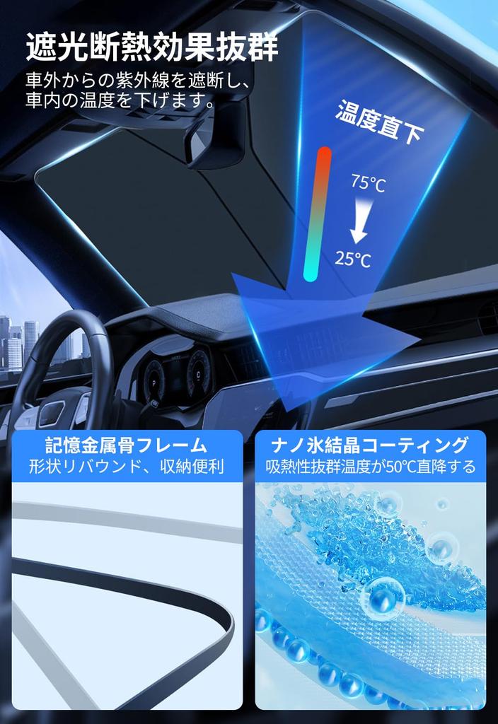 IUSOT Folding Car Front Sunshade with Light Easy No Suction Cups or Dashboard Sunshade for Includes Storage Rearview Mirror Light Heat UV Car Sunshade