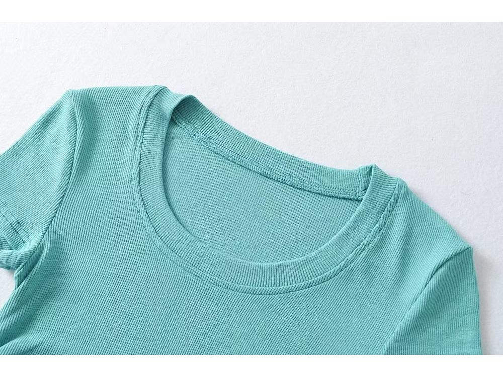 Trendy Women's Round Neck Short Sleeve Side Ruched Bodycon Crop Top