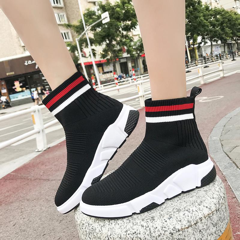 Stripete høy topp sokkesko dame plattform myke elastiske slip-on sokkesneakers dame tykk bunn dempesko kvinne 40