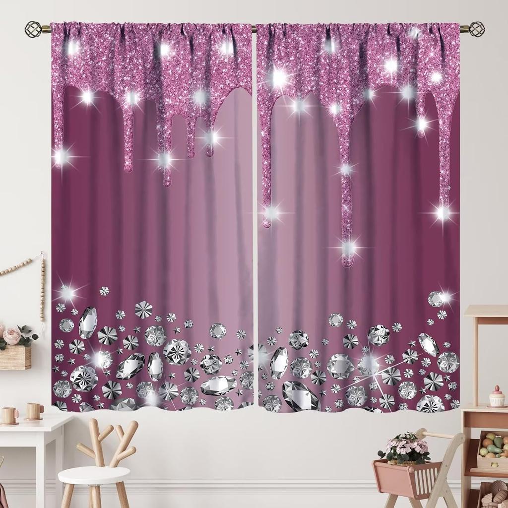 Unique 3D Printing Jewelry Falling Curtains Diamonds Black Backdrop Curtain with Rod Pocket for Bedroom Living Room Kitchen Home