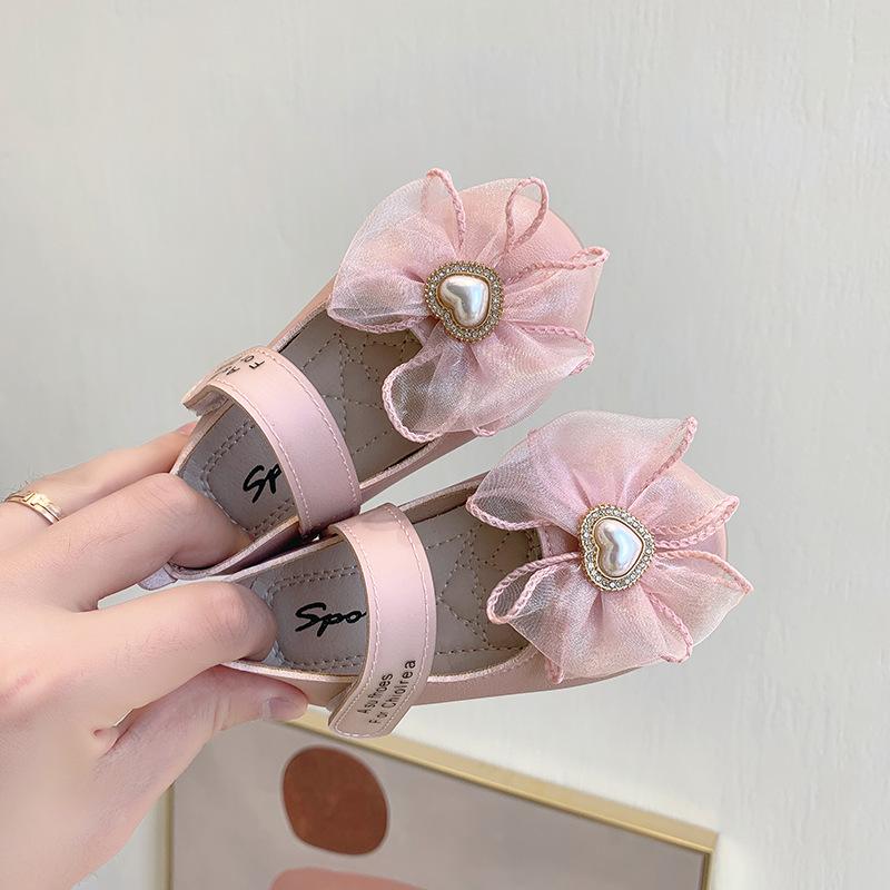 Children S Leather Shoes Autumn Girls Lace Love Bow Princess Shoes Shallow Mouth One Pedal Girls Soft Flats Kids Dress Shoes 26
