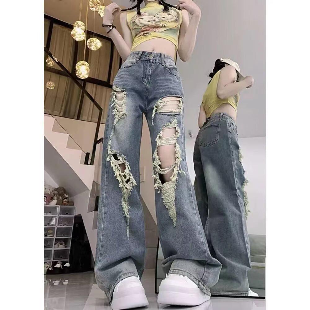 Women's Summer Retro High-Waist Ripped Jeans - Loose Straight-Leg Slimming Pants