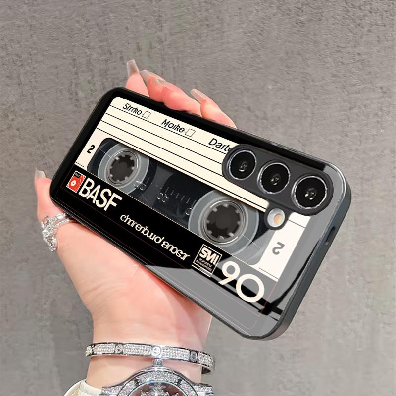 Vintage cassette patterned tempered glass phone case suitable for Samsung Galaxy S26 S25 S24 S22 S21 S20 FE/Ultra/Plus anti drop