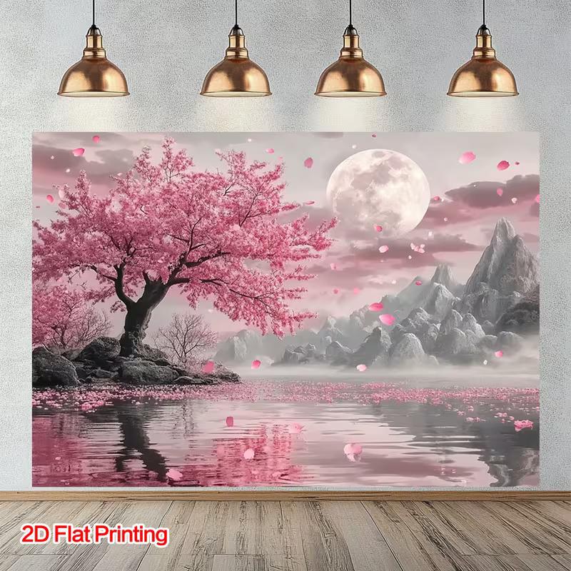 2D Dreamy Cherry Blossom Tapestry Pink Moon Night Lake Mountain Zen Background 47.2x31.5inch/120*80cm