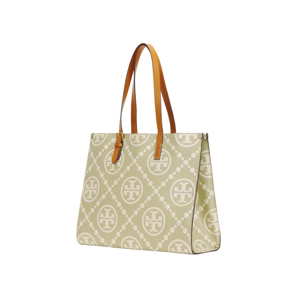 Tory Burch T Monogram Adjustable Shoulder Strap Double T Large Logo Color Block Embossed Leather Tote Bag Women Tote Olive 138919-300