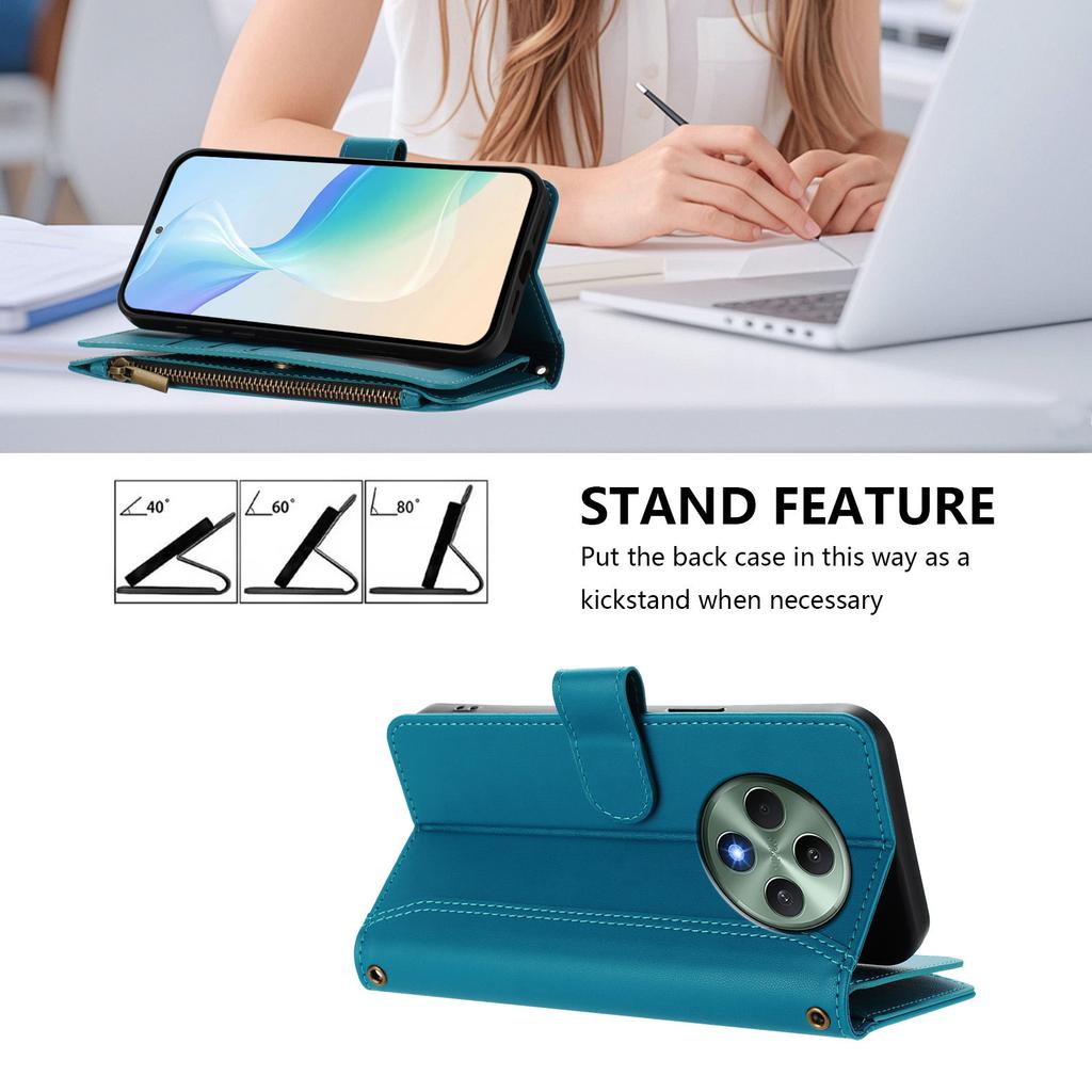 For Oppo Reno12 F 4G/Oppo Reno12 FS 5G/Oppo F27 5G/Oppo Reno12 F 5G Leather Case 9 Card Slots Zipper Wallet Stand Phone Cover with Wrist Strap