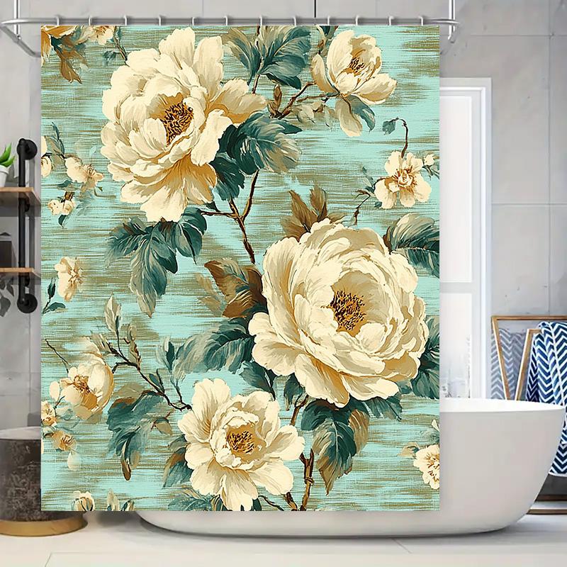 

Vintage Style Shower Curtain With Floral Print Cream White Peony Design Decorative Bathtub Liner For Bathroom Home Accessories A W60H190(CM)-1 Pcs