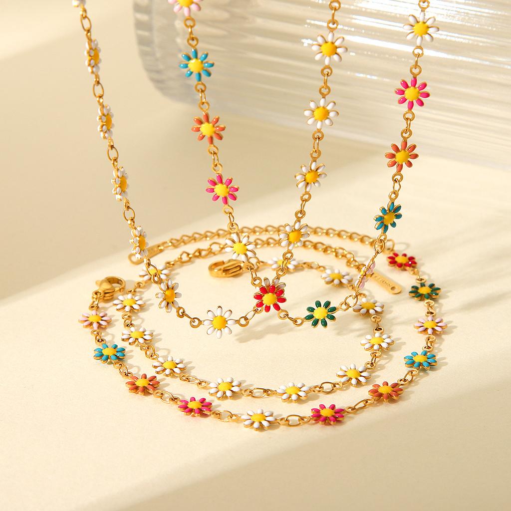 Titanium Steel Daisy Pendant Necklace For Women Simple Flower Jewelry Bracelet Set Long Lasting