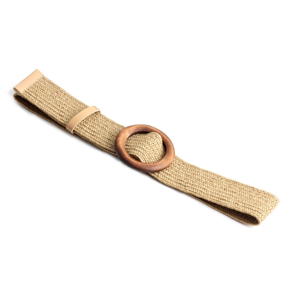 Casual Wide Bohemian Wooden Buckle Waistbelt Straw Belt Elastic