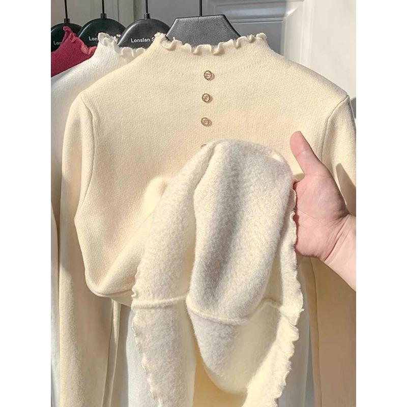 Fleece Sweater Women's Thick Fungus Edge Integrated Fleece Knitted Bottoming Shirt with Autumn and Winter Semi-turtleneck Thermal Top