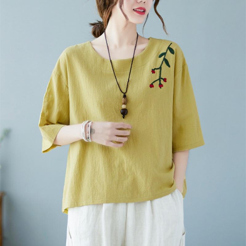 Blusa bordada casual suelta de lino y algodón para mujer, camisa de manga 3/4