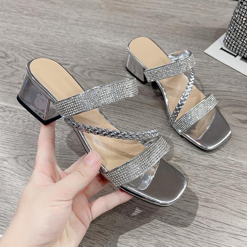 Fashion Fashion Golden Shiny Crystals Sandals Women Luxury Thick Heel Party Shoes Woman Summer Woven Strap High Heeled Sandles Female