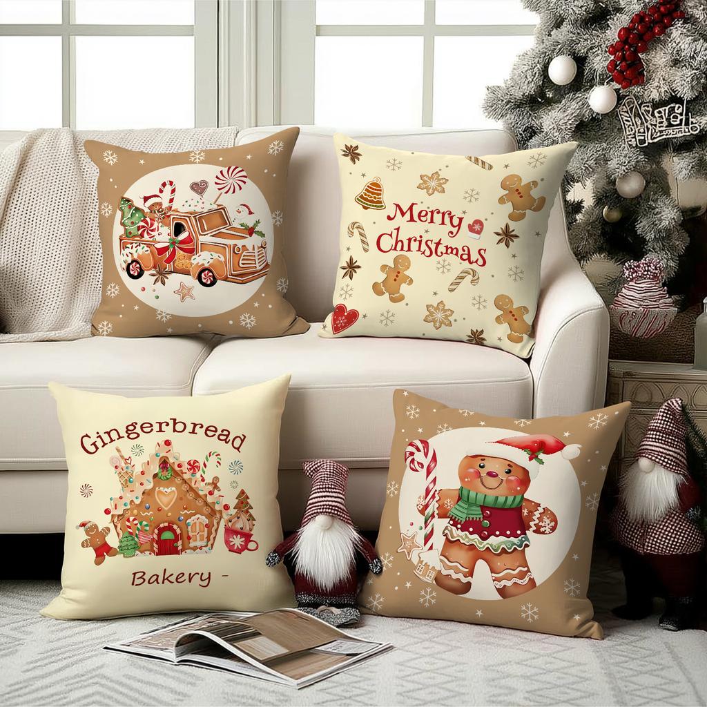 1/4Pcs Khaki Christmas Pillowcases, Candy Gingerbread Bakery Design Cushion Covers, Winter Holiday Home Decorations