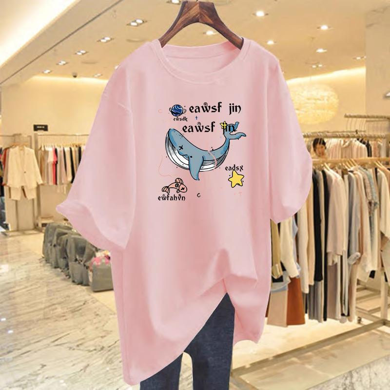 New whale print cotton casual short-sleeved loose top summer cartoon pattern t-shirt women