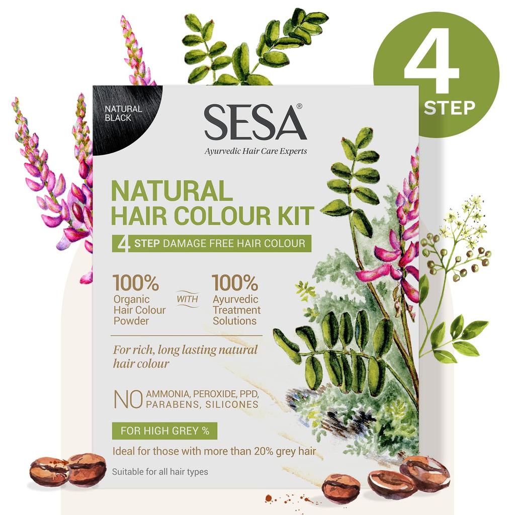 SESA 4 Step Natural Hair Colour Kit For Grey Hair Coverage Organic Ayurvedic No Ammonia PPD Peroxide 200g + 40ml DIY Use