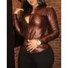Women’s Spring Loose-Fit V-Neck Button-Up PU Leather Shirt