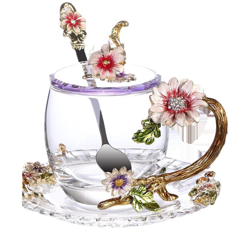 Paris March Enamel Flower Tea Cup - High-Temp Resistant Crystal Glass Gift for Teacher's Day or Girlfriend