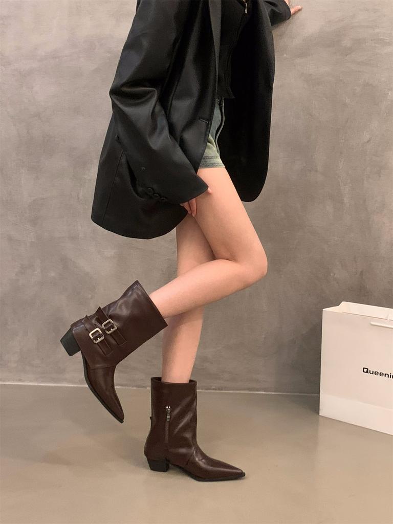 Pointed high-heeled brown small short boots women's shoes 2025 new spring and autumn single boots retro belt buckle medium tube pants tube boots