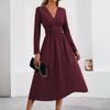 Women's Fashionable Solid Color V-neck Long Sleeved Pleated Long Dress