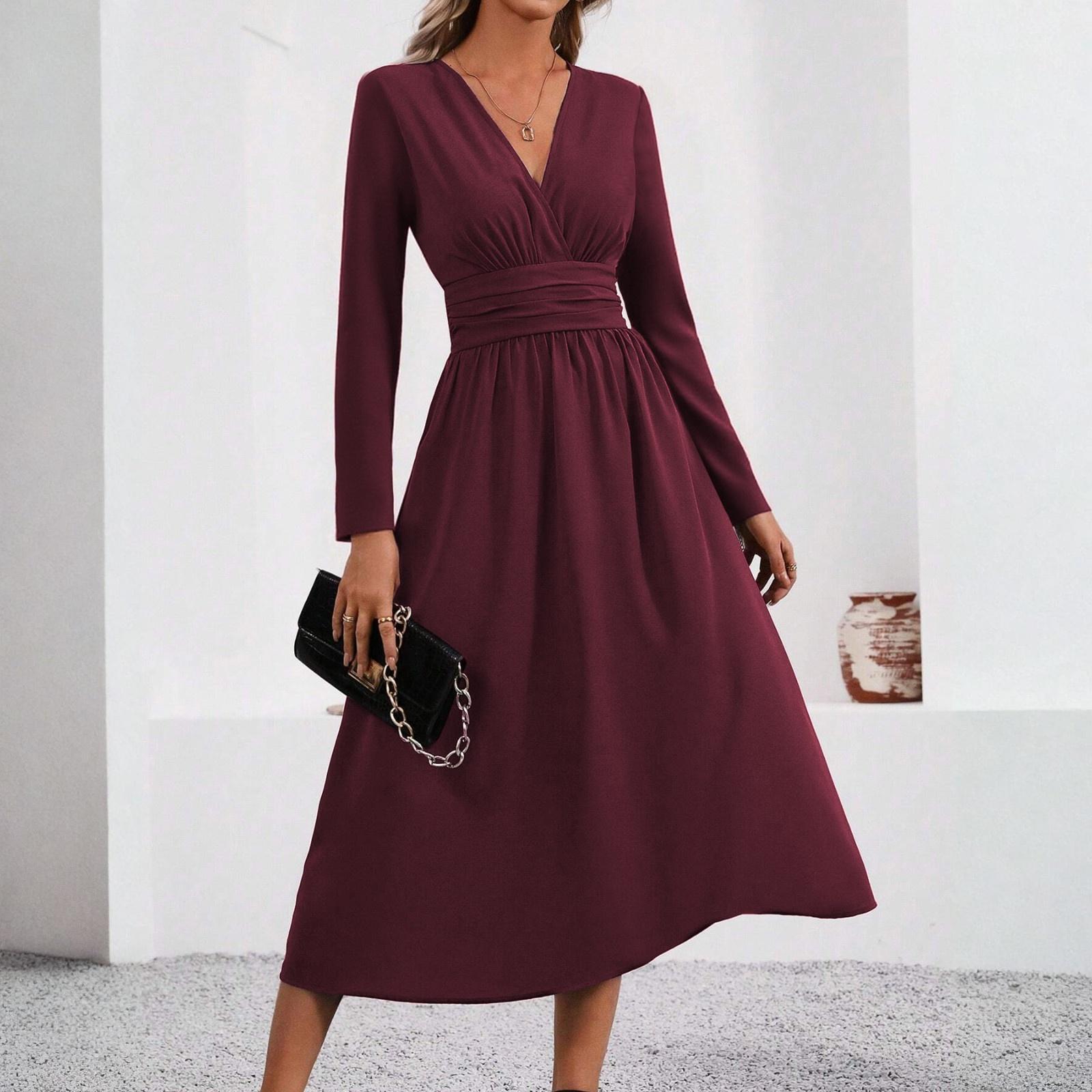 

Женское модное однотонное платье с V-образным вырезом, длинными рукавами и плиссировкой L