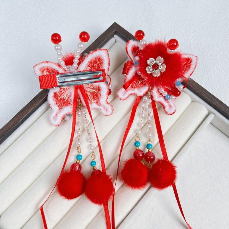 New Year Red Butterfly Hair Clips for Girls - Ancient Chinese Style, Festive & Elegant, Perfect for Hanfu or New Year's Outfits