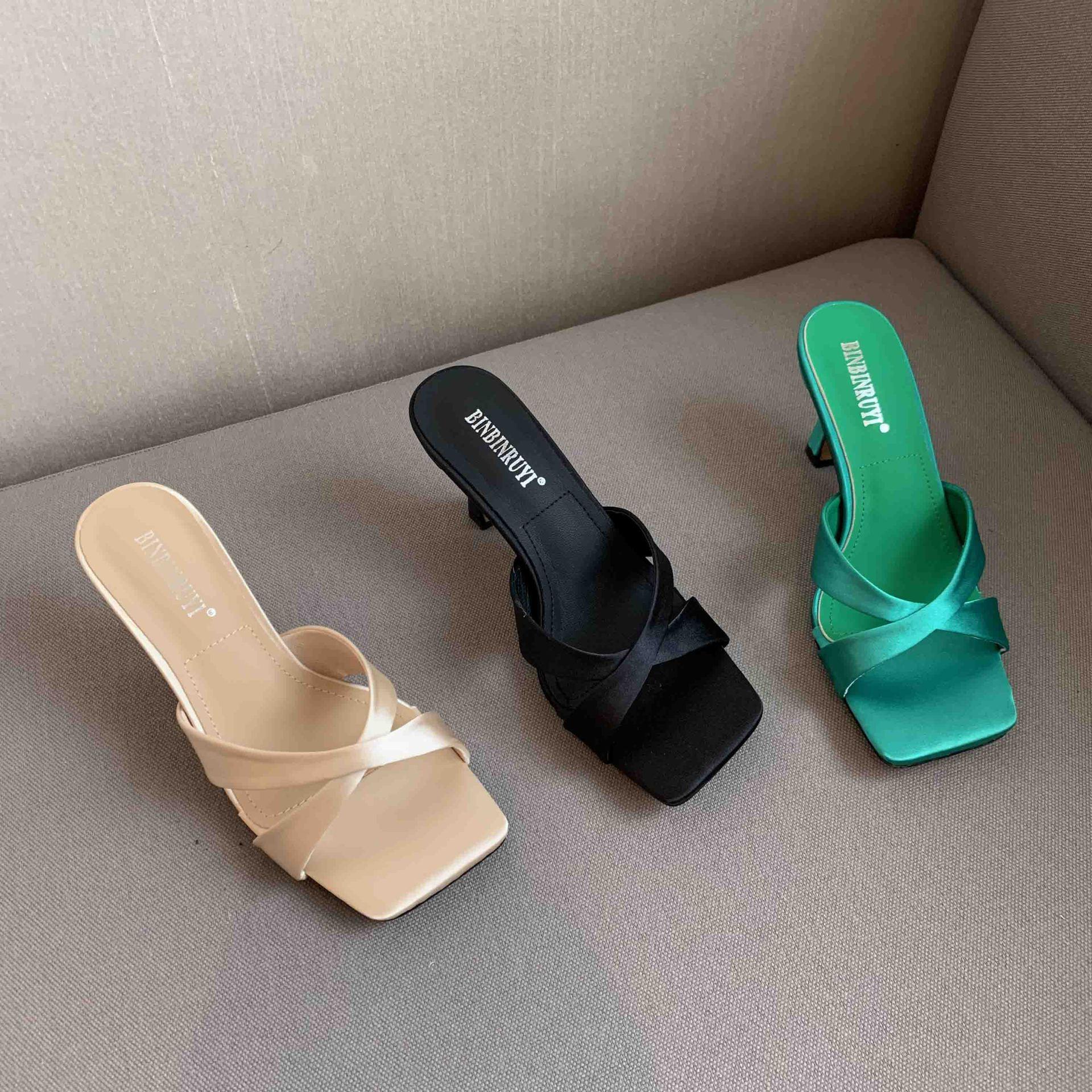 

2024 Summer Square Toe Stiletto Heel Women s French Fashion Slippers 35