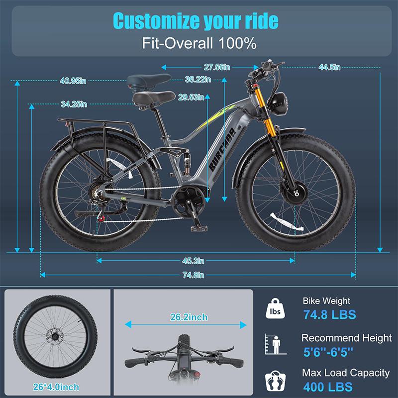 BURCHDA RX80 Adult Electric Bike Dual Motor AWD 3000W Peak 20AH 48V 80 Miles Long Range 26" Full Suspension Fat Tire Mountain Bike
