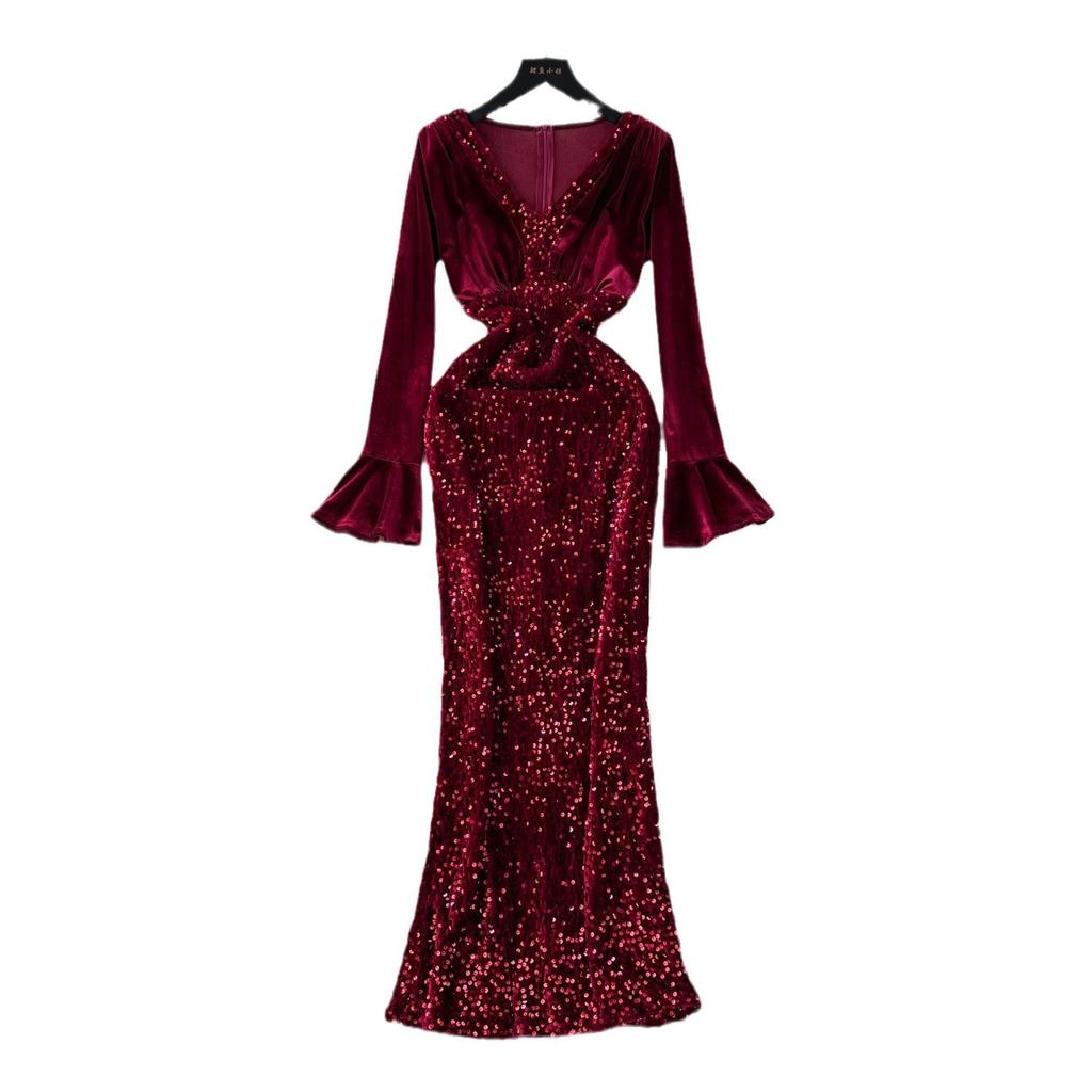 Vestidos de fiesta de noche para mujer de alta gama de celebridades sexys con escote en V de terciopelo con mangas acampanadas y empalme de lentejuelas y brillo