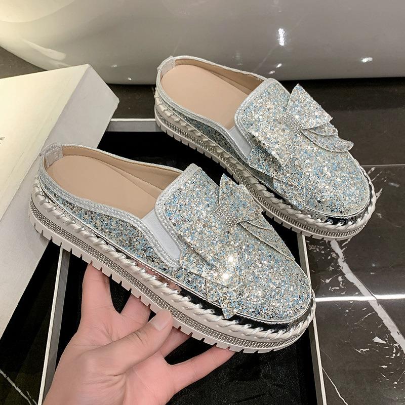 Large Size Casual Single Shoes Women's Spring New Flat Bottom Thick Bottom Round Head Bow Sequined Half Slippers Women