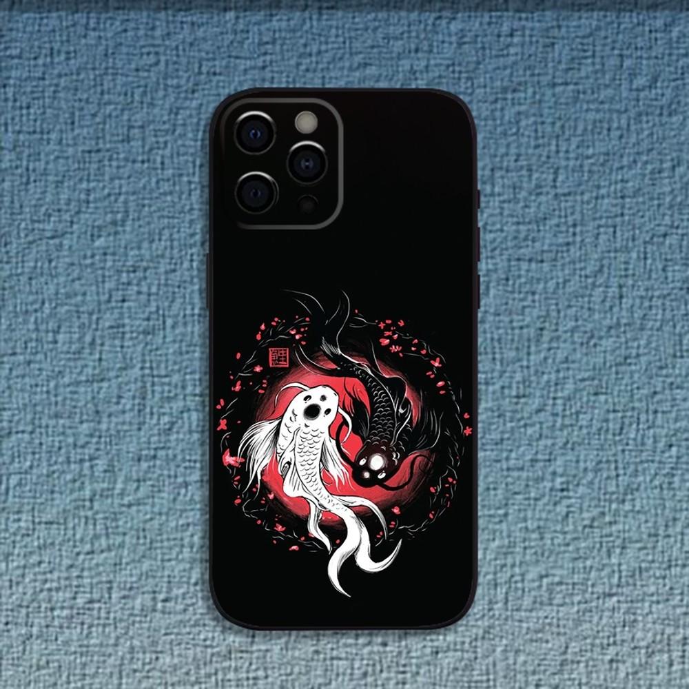 Koi Carp Fish Yin Yang Art Phone Case For iPhone 16,15,14,13,12,11,Pro,X,XS,Max,XR,Plus,Mini Soft Black Cover