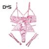 2Pcs/Set Women Sexy Faux Satin Underwear Set Lace Up Bowknot Underwire Push Up Bra Adjustable Strappy Thong Set