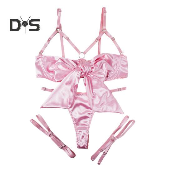 2Pcs/Set Women Sexy Faux Satin Underwear Set Lace Up Bowknot Underwire Push Up Bra Adjustable Strappy Thong Set