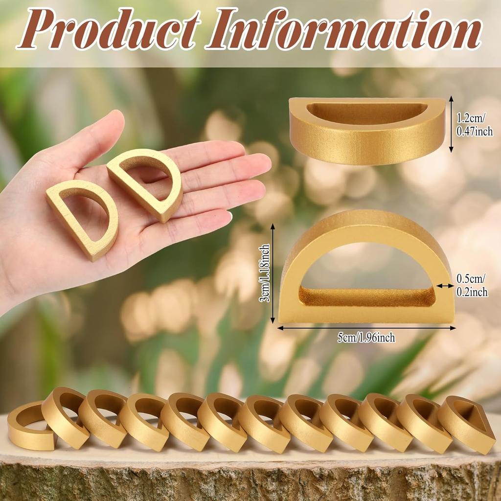 LemonRoad 12 Pcs Gold Napkin Rings Set Wooden Napkin Holders Handmade Dining Buckles Farmhouse Semicircle Serviette Ring Bulk for Table Decoration