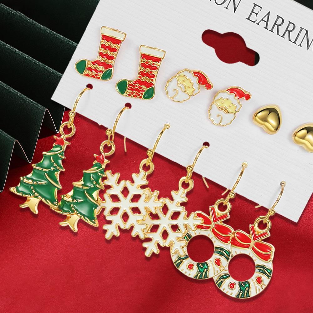 6 Perechi De Șosete De Crăciun Seria Stil Crăciun Moș Crăciun, Model Copac Cercei Modele Simple și Drăguțe de Desene Animate Acceso