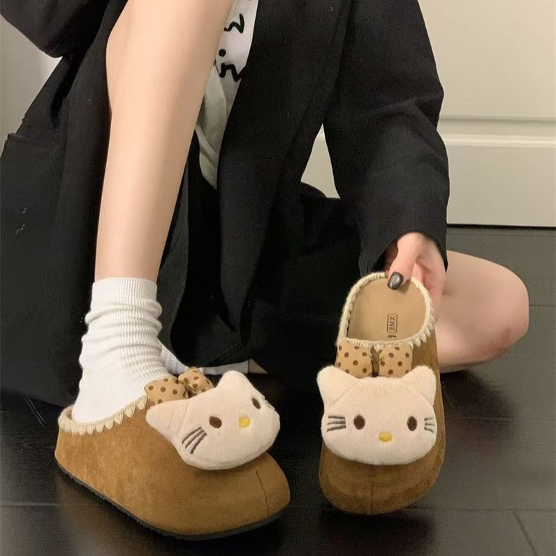 Cotton Drag Lace Bow Soft Sole Round Head Wind Bag Head Half Slippers Birkenstocks