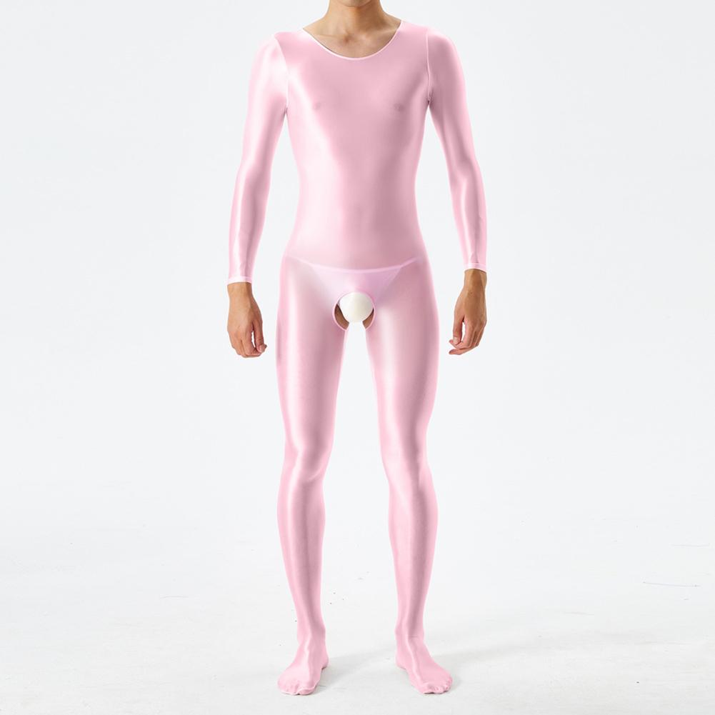Men Bodystocking Glossy Sheer Open Crotch Long Sleeve Body Jumpsuits Crotchless Transparent Bodysuit Underwear Night Club Wear