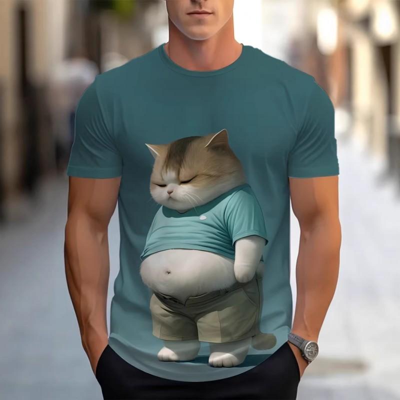 Mens 3D Printed Fun Blue Cat Graphic Tee - Casual Round Neck Short Sleeve T-Shirt Adults Teens