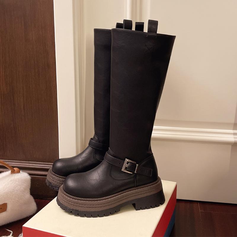 Hohe Stiefel Damen Flats Plateau Modeschuhe Winter Designer Kniehoch Motorradstiefel Neuer Trend Walking Damenstiefel