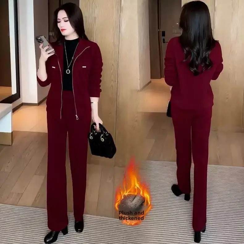 

Женский осенне-зимний утолщенный флисовый повседневный спортивный костюм, комплект из двух предметов: короткая куртка + брюки с широкими штанинами M красный